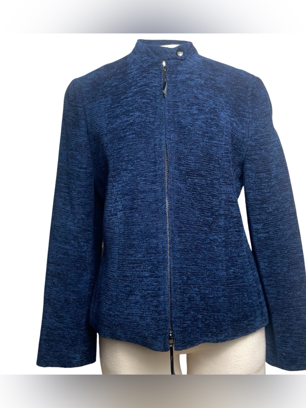 Akris Punto Blue Tweed Zip Front Wool Angora Jacket Blazer Lined Pockets Sz 10